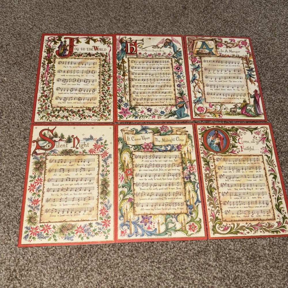 VTG Lot Of 6 60s Christmas Carols Music Sheet Parchment Gold Greeting Cards Song